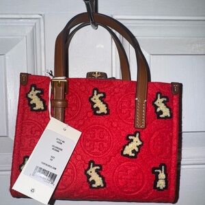 Tory Burch Red and Brown Wool Tote